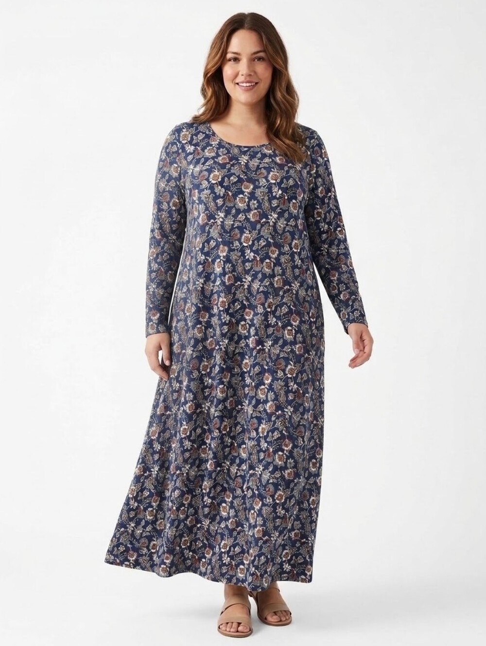 Lands End Floral Maxi Dress Blue Floral 100% Cotton Women's Size XL Modest